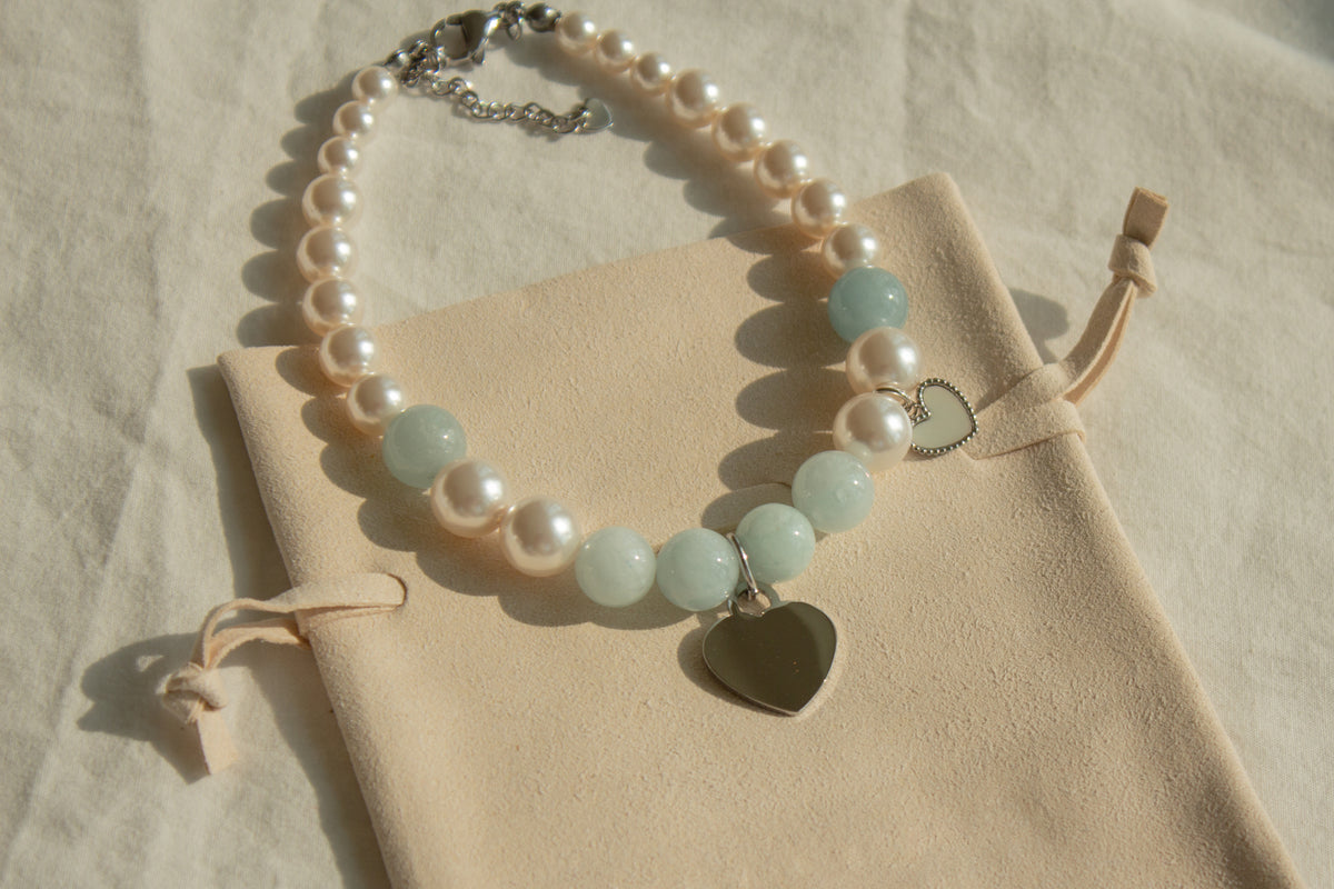 Natural gemstone and swarovski pearl name tag necklace(Pet)
